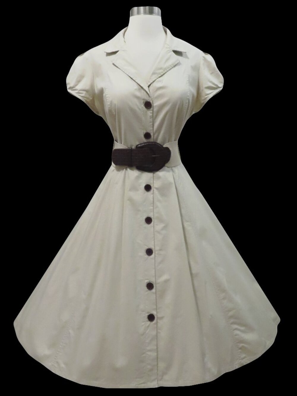 Vintage 80s Safari Khaki Utility Shirtdress Midi Full Skirt Short Sleeve Dress L